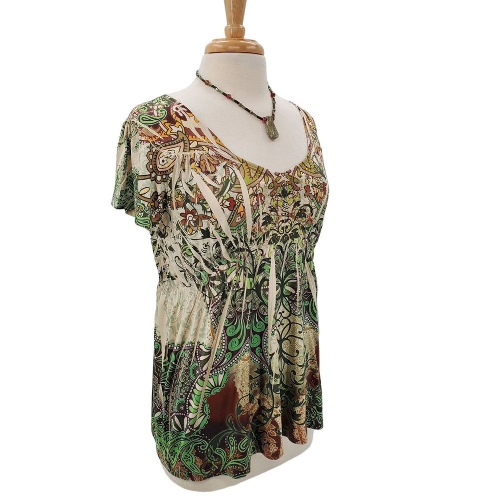 Energe Floral‎ Paisley Rhinestone Tunic Top PXL Green Brown Short Sleeve Boho